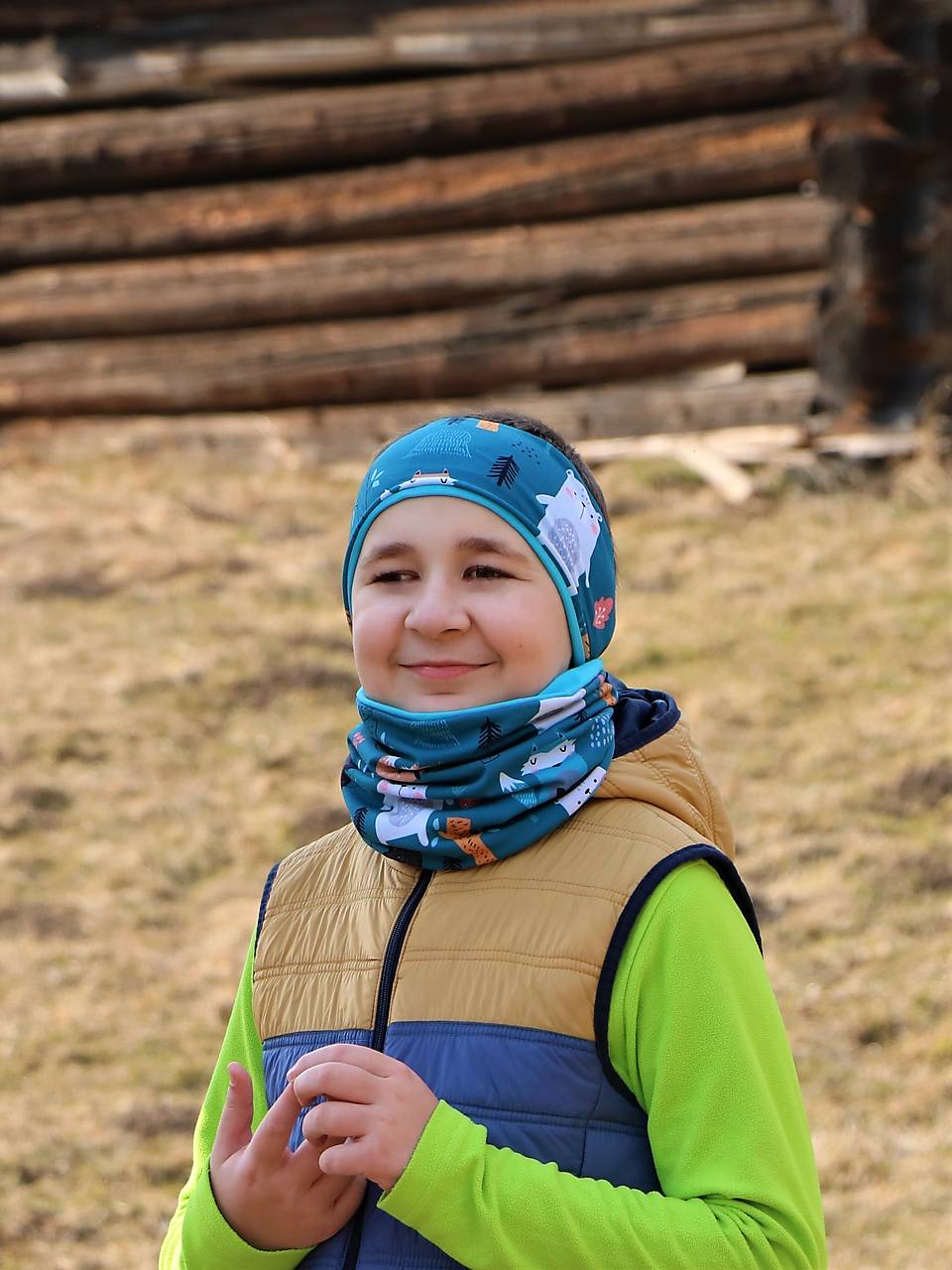 Úpletová čelenka medveď na tyrkysovej