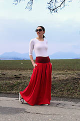 Sukne - Maxi "červená" ľanová sukňa skladaná - 13234457_