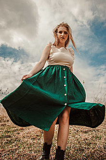 Sukne - Perlička - ľanová sukňa s veľkými vreckami (lesná zelená) - 13234427_