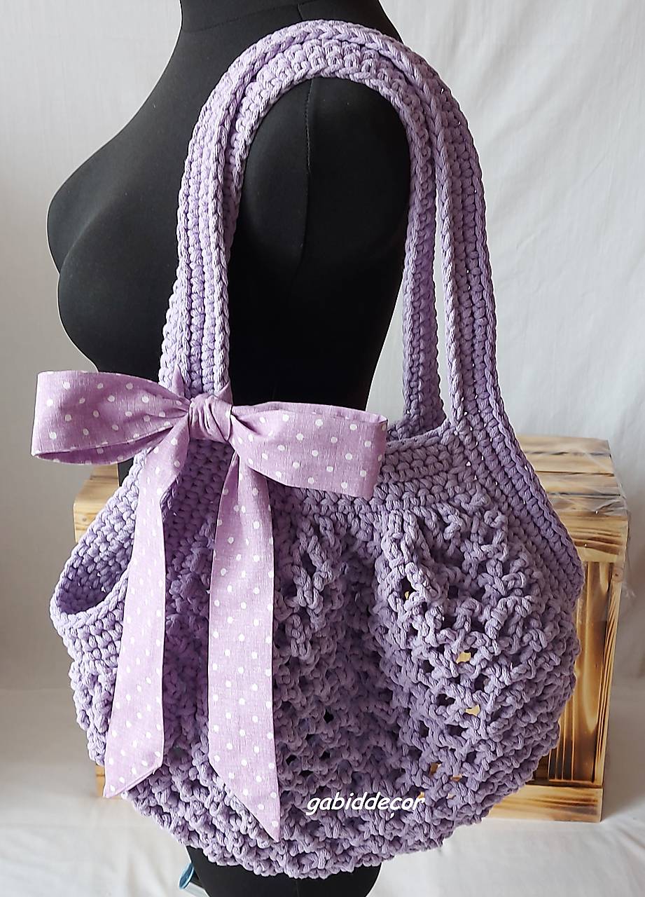 Kabelka/taška z kvalitných šnúr Gabi Elegant-sieťovka s obojstranným zaťahovacím vakom a ozdobnou mašľou (Kabelka/taška z kvalitných šnúr Gabi Elegant-sieťovka s ozdobnou mašľou bez obojstranného zaťahovacieho vaku)