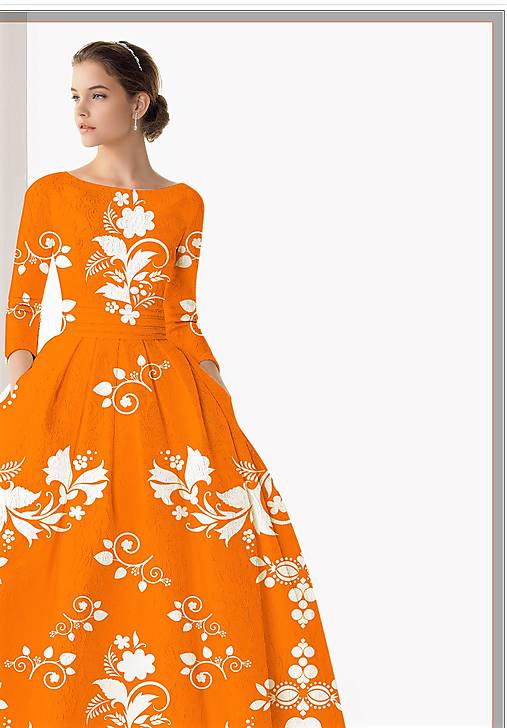 Šaty - FLORAL FOLK " Slovenská ornamentika ", spoločenské dlhé šaty (oranžová + biely vzor, šaty v dĺžke midi) - 13238702_