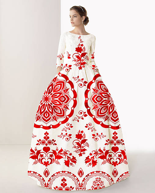 FLORAL FOLK " Slovenská ornamentika ", spoločenské dlhé šaty (biela + červený akvarel)