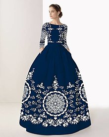 Šaty - FLORAL FOLK " Slovenská ornamentika ", spoločenské dlhé šaty (modrá + biely vzor -dĺžka na želanie!) - 13239443_