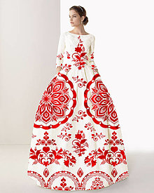 Šaty - FLORAL FOLK " Slovenská ornamentika ", spoločenské dlhé šaty (biela + červený akvarel) - 13239513_