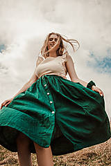 Sukne - Perlička - ľanová sukňa s veľkými našitými vreckami (lesná zelená) - 13241939_