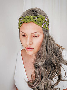 Ozdoby do vlasov - Vyšívaná ľanová turbanová čelenka s uzlíkom  KHAKI GREEN - 13253802_