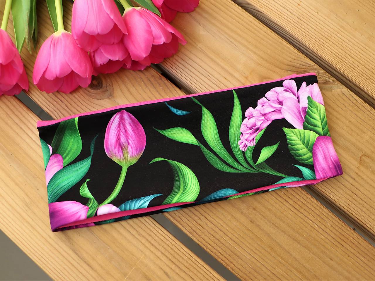 Úpletová čelenka tulipány fialové