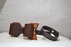 Pánske doplnky - BowTie - kožený s dreveným detailom (SET) - 13265304_