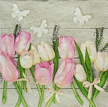 Papier - S1265 - Servítky - kvet, tulipán, motýľ, mašľa, jar, drevo - 13276745_