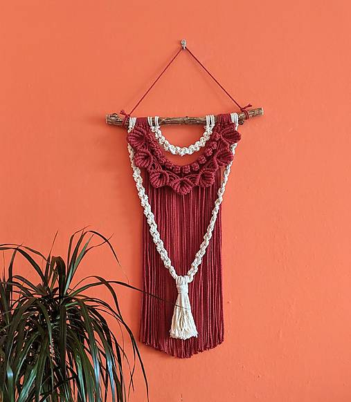 Dekorácie - Macramé Boho záves bordovo smotanový - 13279443_