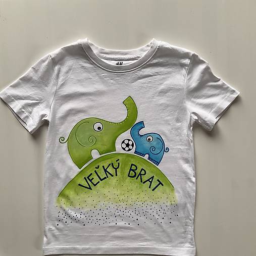 Originálne maľované tričká so sloníkmi hrajúcimi futbal a nápismi Veľký braček a Malý braček (sada tričko + body)
