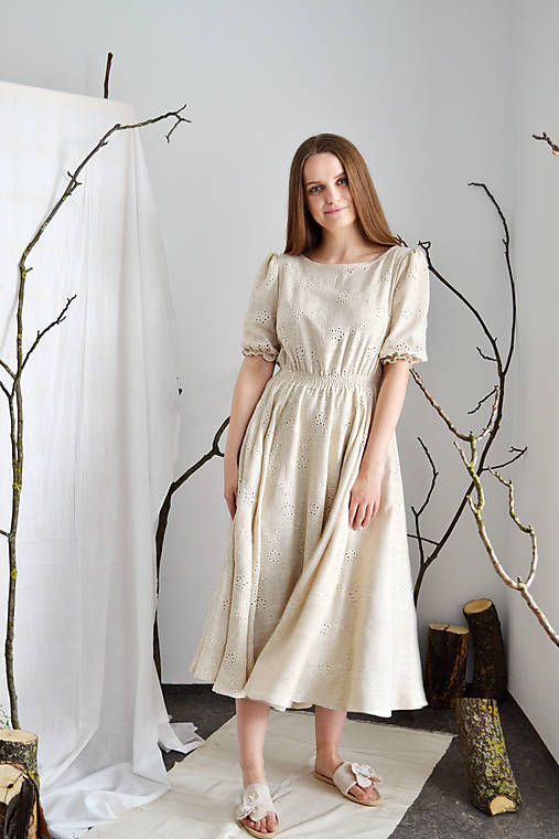  - Madeirové romanticky rustikálne šaty zo zmesi ľanu, viskózy a bavlny (+ opasok) - 13289620_