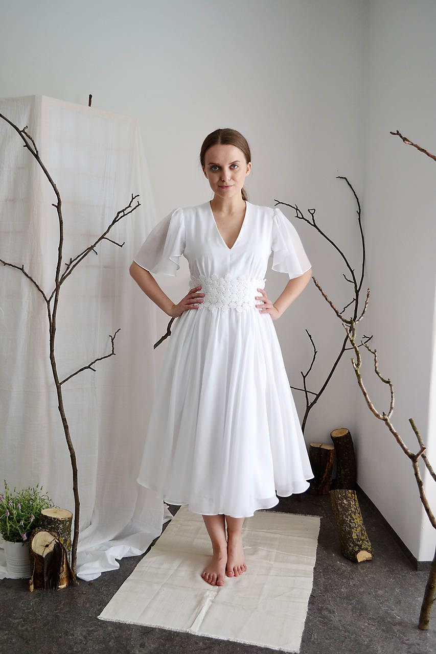 Svadobné midi šaty z hodvábneho voálu a tencelu (+ kvetovaný opasok)