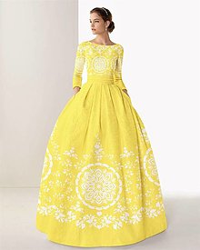 Šaty - FLORAL FOLK " Slovenská ornamentika ", spoločenské dlhé šaty (žltá + biely vzor) - 13298486_