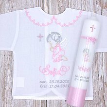 Detské oblečenie - Vyšívaná košieľka na krst "Ružový anjelik s krížikom" (set košieľka + sviečka bez SBD + darčeková krabica) - 13298579_