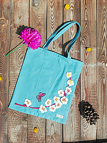 Veľké tašky - Bavlnená taška s háčkovanou aplikáciou - sakura - 13305121_
