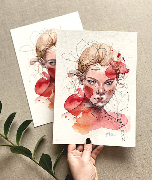  - Portrét dievčiny - Červená, akvarel výtlačok (print) (A4 (21 x 29 cm)) - 13303949_