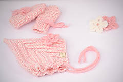 Detské doplnky - Setík pre novorodeniatka a predčasniatka EARLY (pixie čiapočka a rukavičky), 100% merino (-1 až 1 - Ružovo-biela) - 13308815_