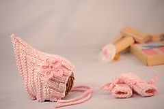 Detské doplnky - Setík pre novorodeniatka a predčasniatka EARLY (pixie čiapočka a rukavičky), 100% merino (-1 až 1 - Ružovo-biela) - 13308816_