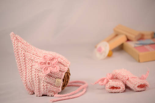 Setík pre novorodeniatka a predčasniatka EARLY (pixie čiapočka a rukavičky), 100% merino (-1 až 1 - Ružovo-biela)