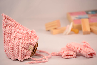 Detské doplnky - Setík pre novorodeniatka a predčasniatka EARLY (pixie čiapočka a rukavičky), 100% merino (-1 až 1 - Ružová) - 13308812_