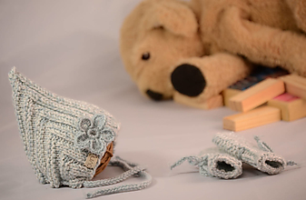 Detské doplnky - Setík pre novorodeniatka a predčasniatka EARLY (pixie čiapočka a rukavičky), 100% merino (-1 až 1 - Sivomodro-biela) - 13308829_