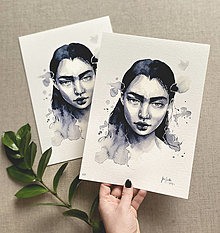 Obrazy - Portrét dievčiny - Šedá, akvarel výtlačok (print) - 13307486_