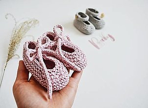 Detské topánky - Bavlnené balerínky pre bábätko - ružová/sivá (ružová s mašličkou - 3 až 6 mes.) - 13317189_