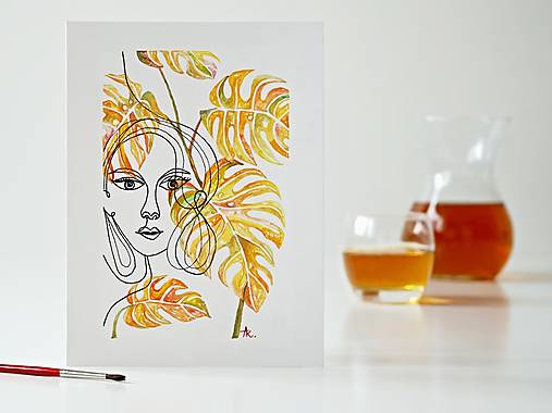 Obrazy - Monstera a Dáma 9, akvarel, 18 x 24 cm  - 13321779_