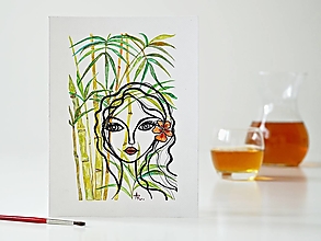Obrazy - Palm bamboo a Dáma 10, akvarel, 18 x 24 cm - 13321827_