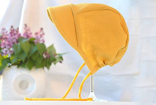 Detské čiapky - Baby čepiec 100% ľan-horčicová - 13328337_