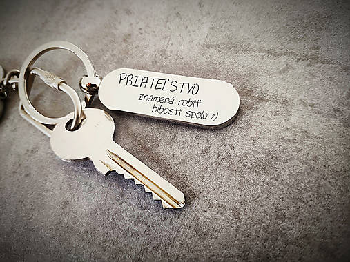 Kľúčenky - Kovový prívesok na kľúče v tvare kapsule / kľúčenka s textom: Priateľstvo znamená robiť blbosti spolu :) - 13329353_