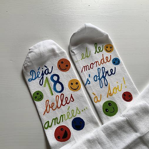 Maľované ponožky s nápisom: "Všetko najlepšie (S nápisom vo francúzštine k 18tke)