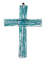 Dekorácie - Sklenený kríž na stenu tyrkysový vrstvený malý - 13340515_