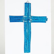 Dekorácie - Sklenený kríž na stenu modrý vrstvený - 13340411_