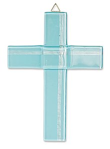 Dekorácie - Sklenený kríž ku krstu bledo modrý - s linkami - 13340695_