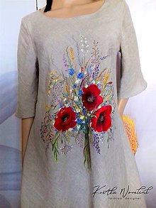 Šaty - Ľanové, ručne maľované šaty " Lúčna kytica s makmi " (prírodný ľan, viac do šeda + kytica s makmi) - 13346160_