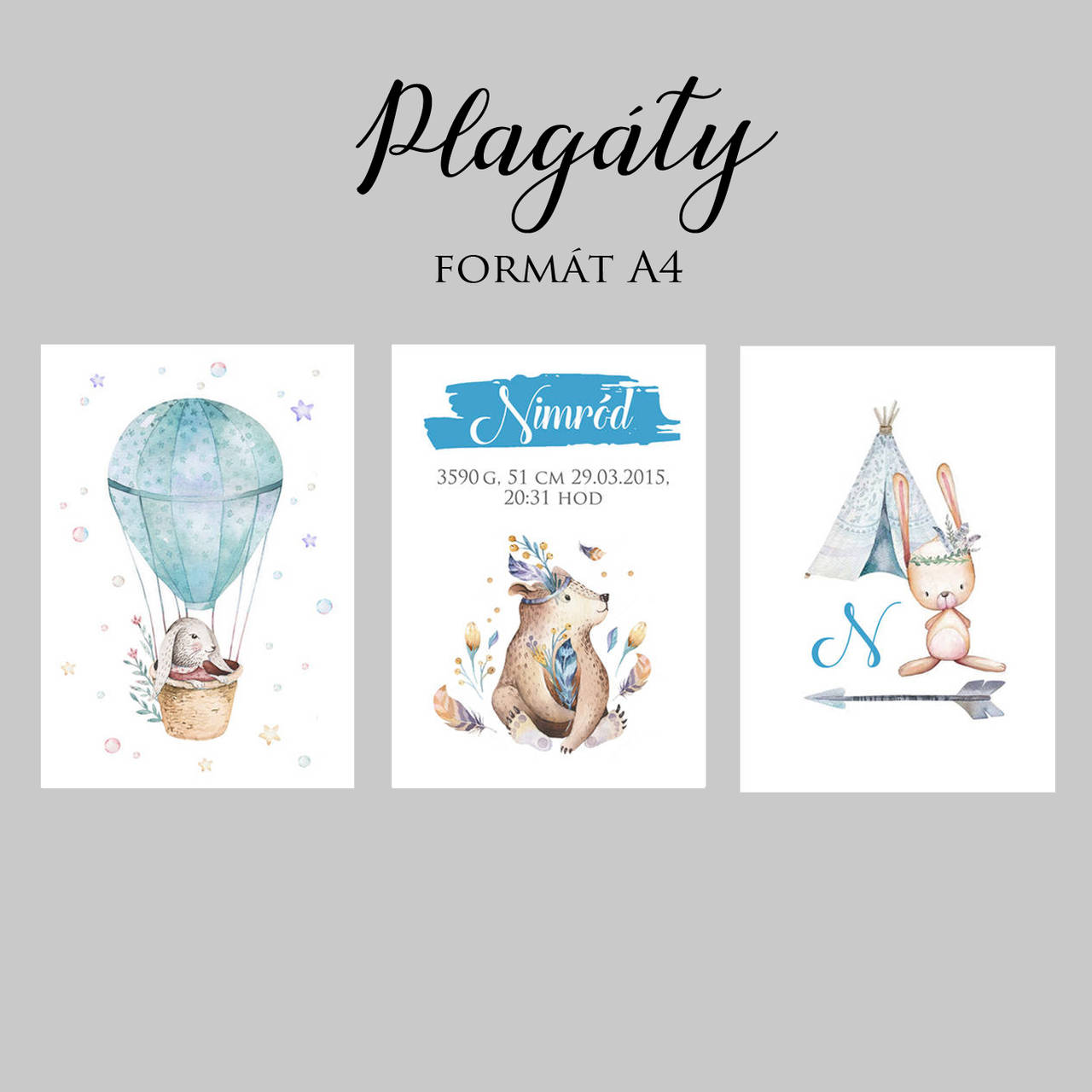 Set 3 kusov plagátov do detskej izby (pre chlapčeka - modrá A4)