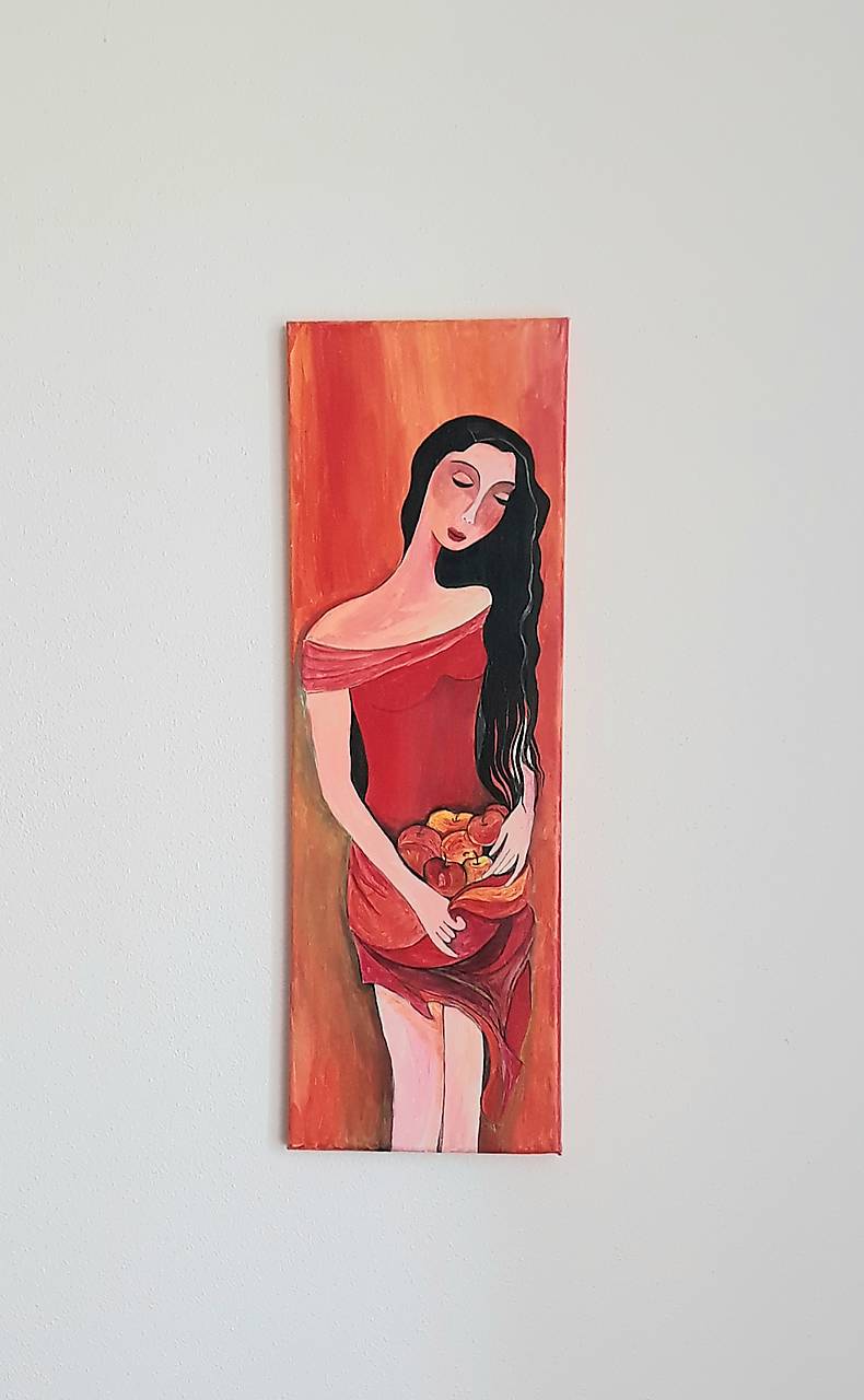 Obraz Dáma s jablkami, akryl 20 x 60 cm
