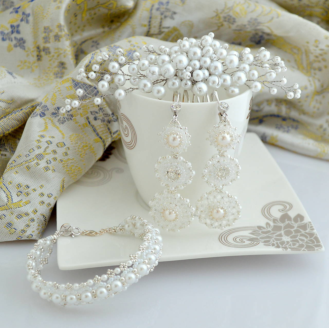 Perlový set dlhými čipkovanými náušnicami (Ag925)