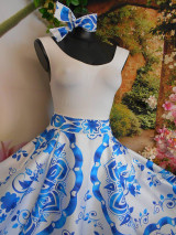 Šaty - FLORAL FOLK " Slovenská ornamentika" midi spoločenské šaty modrý akvarel (dievčenská súprava, sukňa + top, v 140) - 13377517_