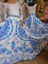 Šaty - FLORAL FOLK " Slovenská ornamentika" midi spoločenské šaty modrý akvarel (dievčenská súprava, sukňa + top, v 140) - 13377524_