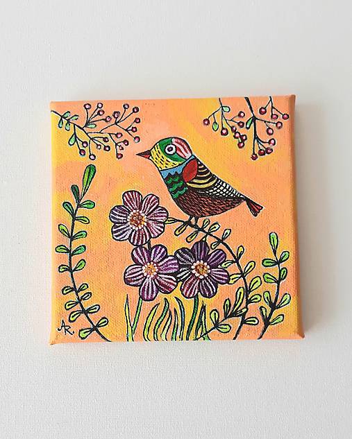Obrazy - Vtáčik a kvet,  acryl, 15 x 15 cm - 13376223_