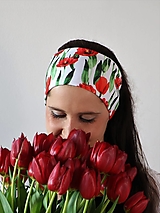 Čiapky, čelenky, klobúky - Úpletová čelenka tulipány biela - 13383768_