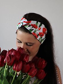 Čiapky, čelenky, klobúky - Prekrížená úpletová čelenka tulipány biela - 13386128_