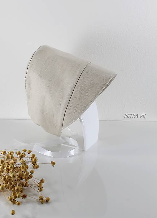 Detské čiapky - Detský ľanový čepček, pieskový (1. /0-3 je na cca 35-38 cm) - 13389528_