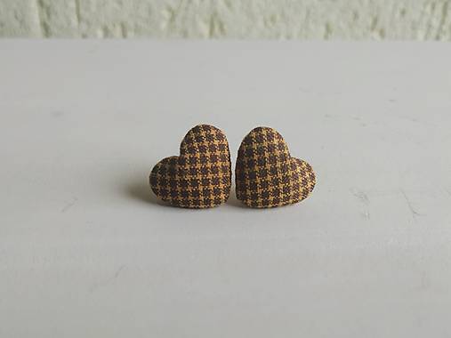 Náušnice - Kárované srdiečka na ušká (Hnedožlté káro) - 13391372_