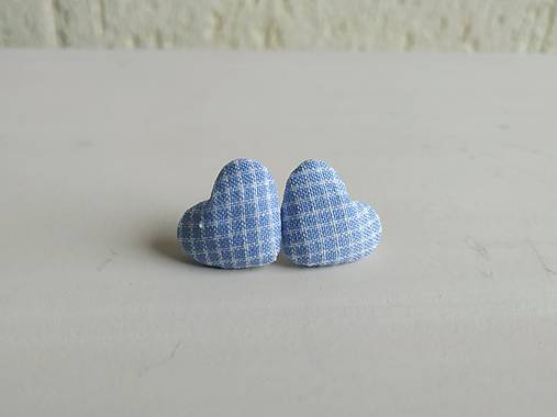 Náušnice - Kárované srdiečka na ušká (Svetlomodré káro tenký pásik) - 13391381_