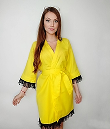 Kimoná - Žlté kimonové zavinovacie šaty so strapcami - 13392599_