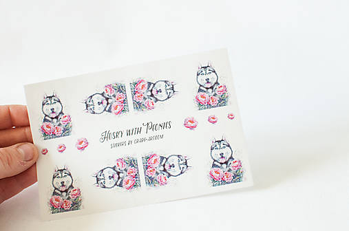 Papier - Nálepky - hároček/ Husky with Peonies - 13391759_